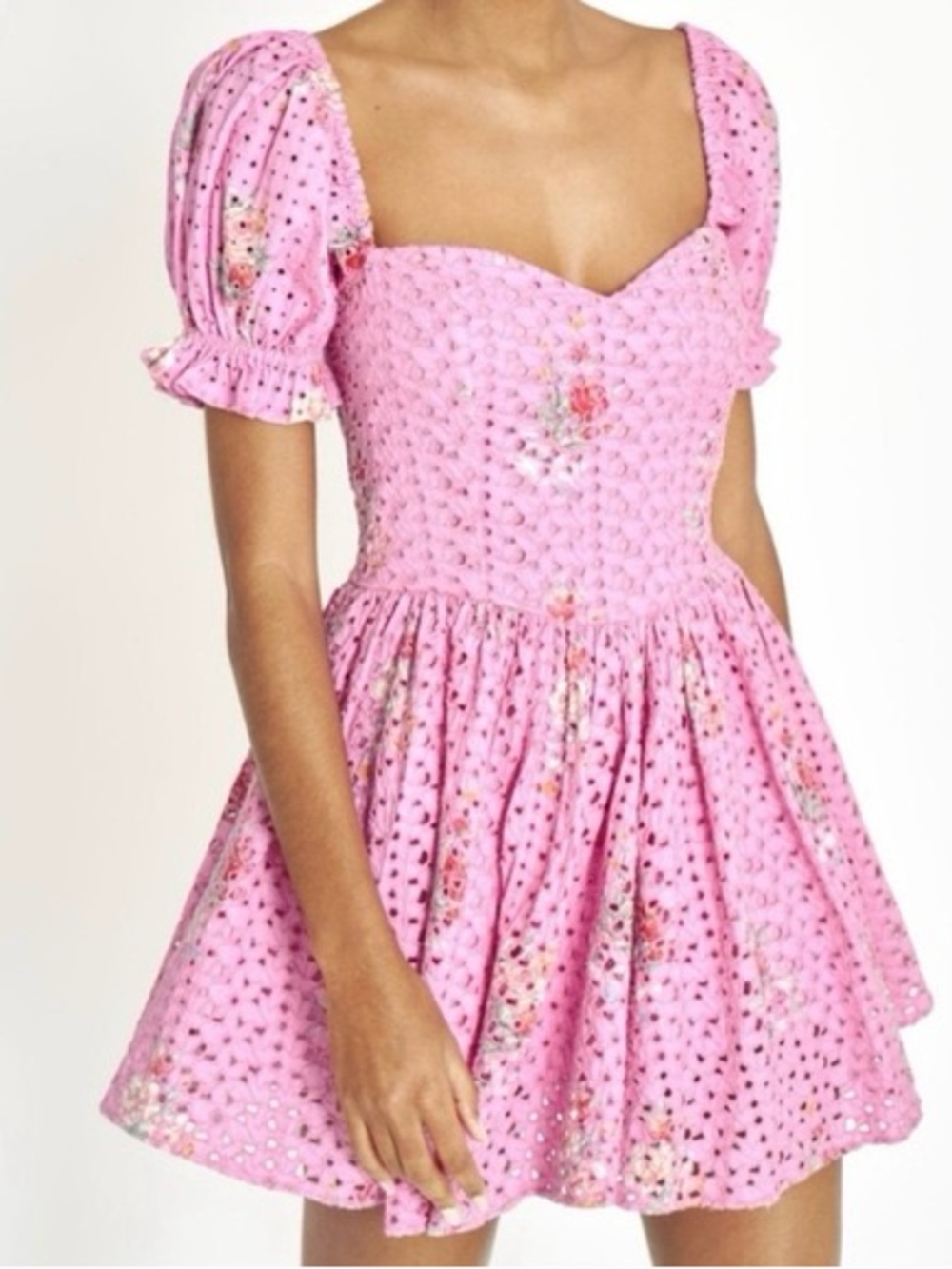 LoveshackFancy Altima Dress in Pink Eyelet Floral Sweetheart Neckline